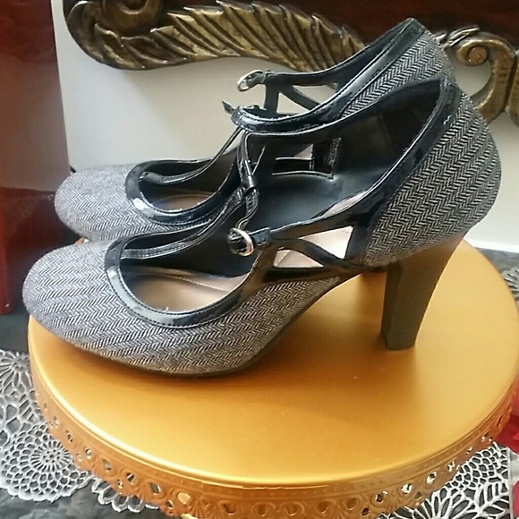 Textured Fabric Grey T-Strap Heels - Picture 3 of 5